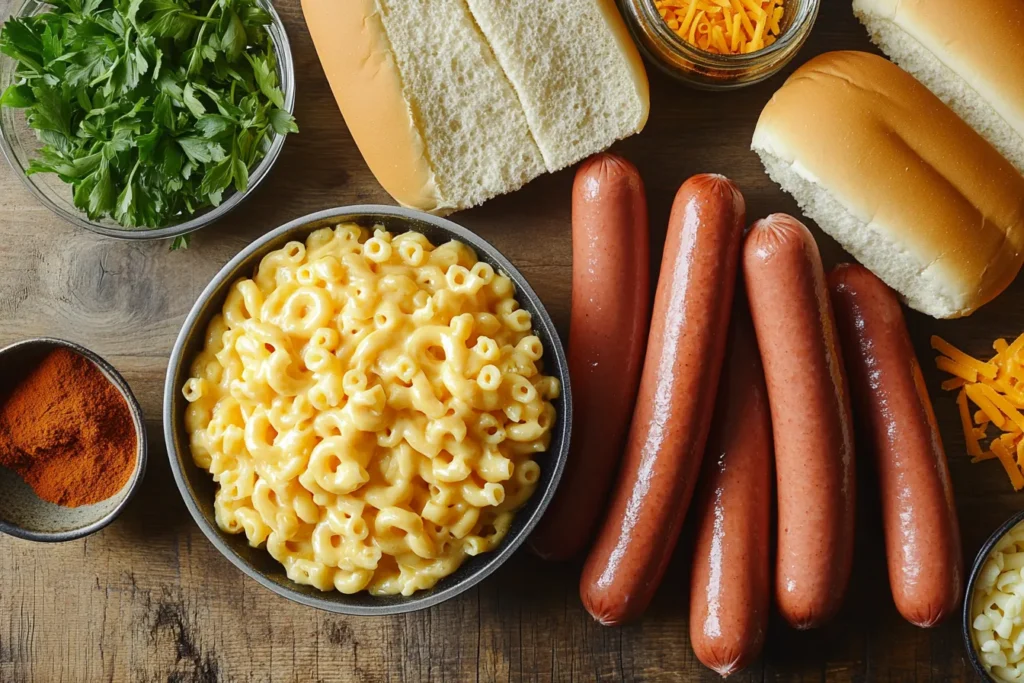 "Hot dogs, buns, and mac and cheese ingredients on a prep table"
