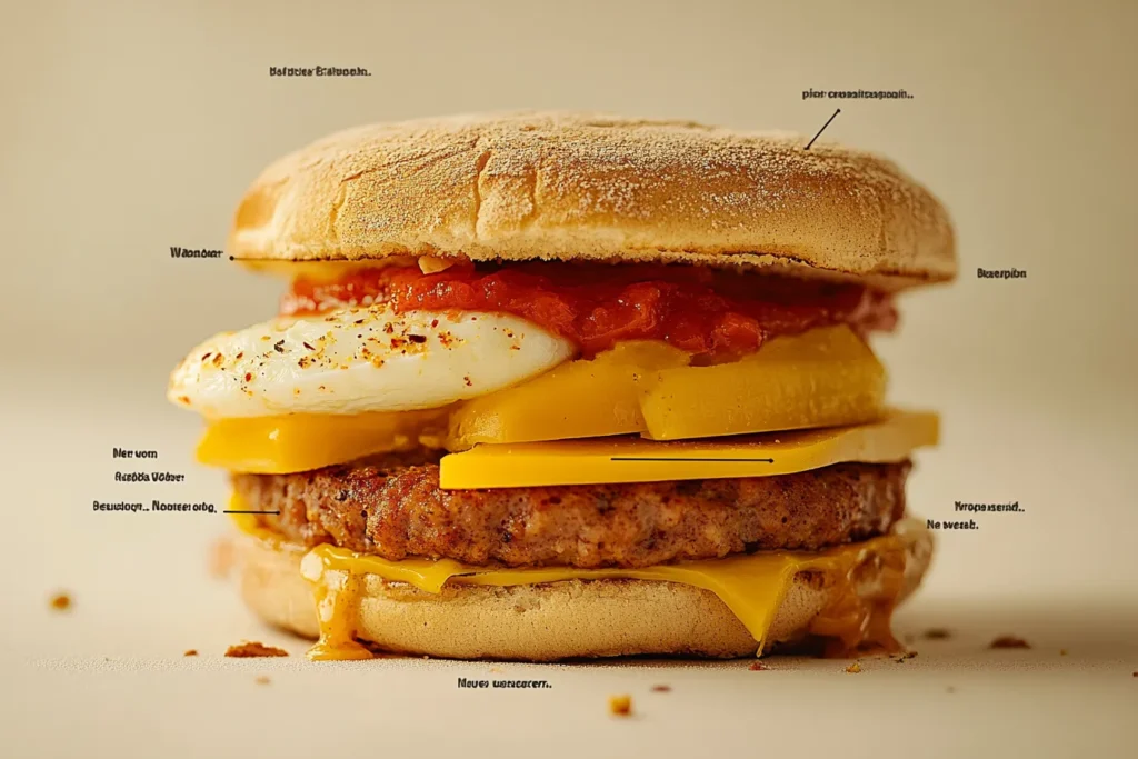 Spicy McMuffin sandwich with ingredients labeled