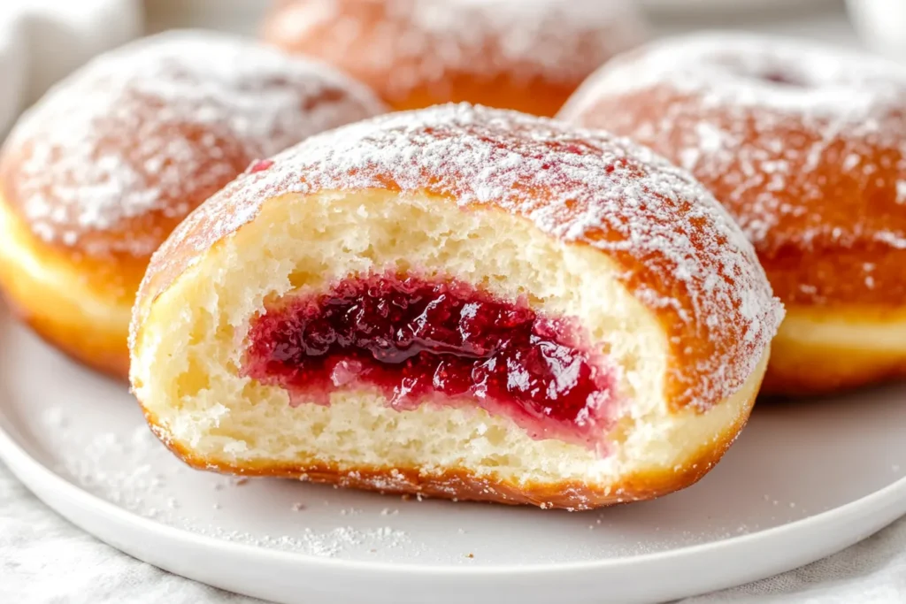 Cross-section of a Bismarck donut showing jam filling