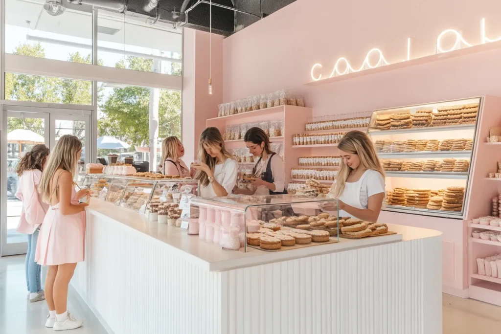 Crumbl Cookie shop interior with pink decor