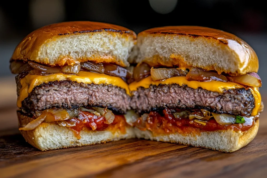 Close-up shot of burger layers showing meat, sauce, and bun