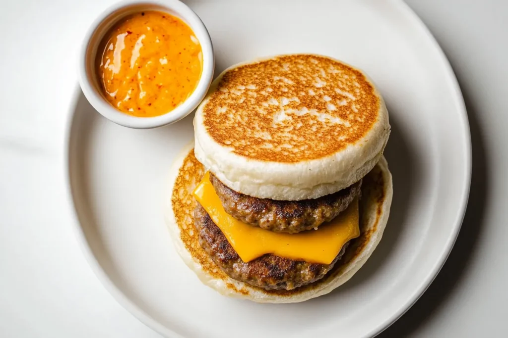Deconstructed Spicy Sausage McMuffin ingredients on a plate