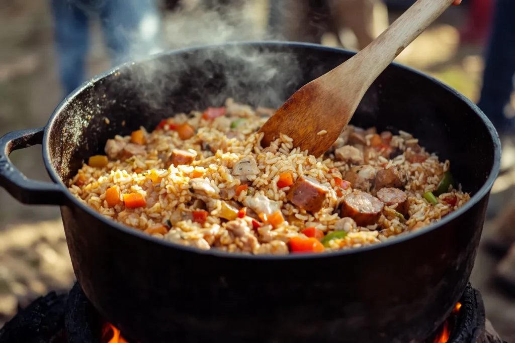 Traditional jambalaya served in a cast iron pot at a Louisiana cookout