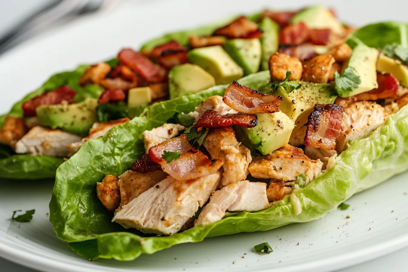 Lettuce-wrapped keto snack wrap with avocado and bacon