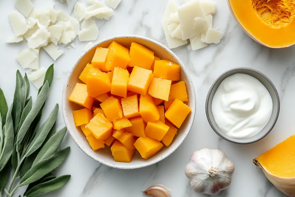 Ingredients for butternut squash ravioli sauce laid out on a countertop