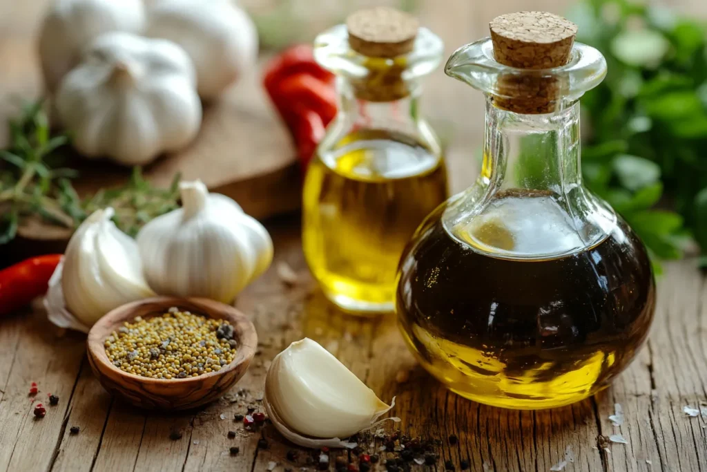 Ingredients for white balsamic dressing arranged on a table