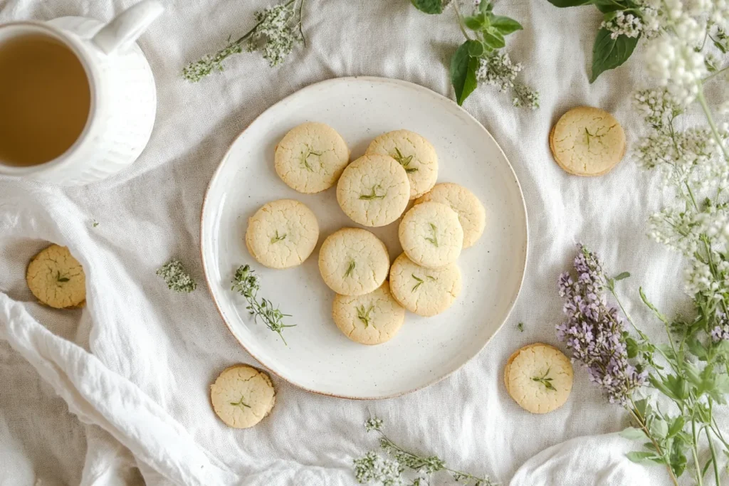 Lemon balm cookies arranged on a white plate
