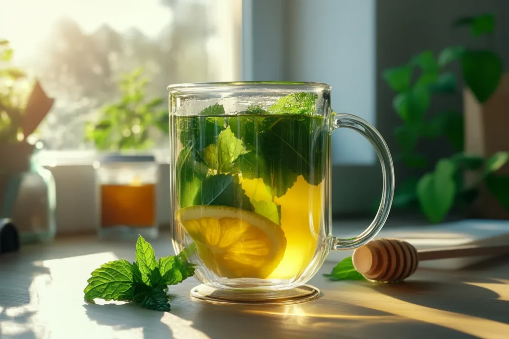 Hot herbal tea with lemon balm in a glass mug