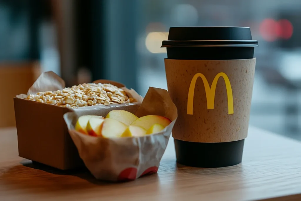 McDonald’s oatmeal and apple slices with black coffee