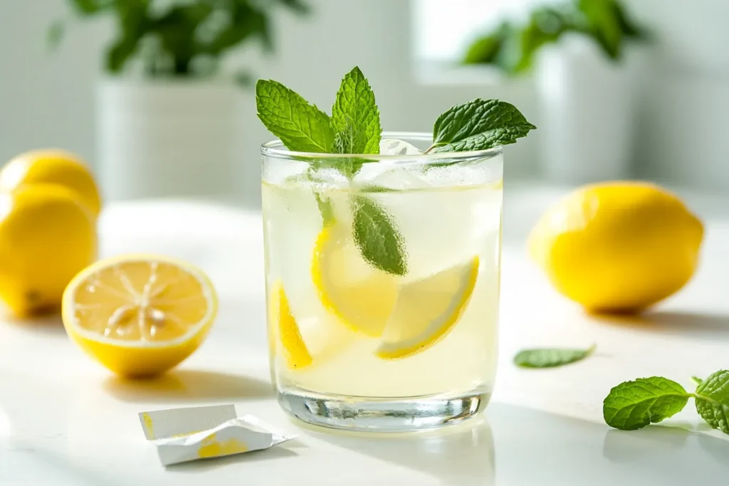 “Healthy keto lemonade with stevia and sliced lemons”