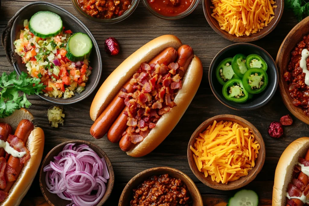 "Various hot dog toppings in small bowls"