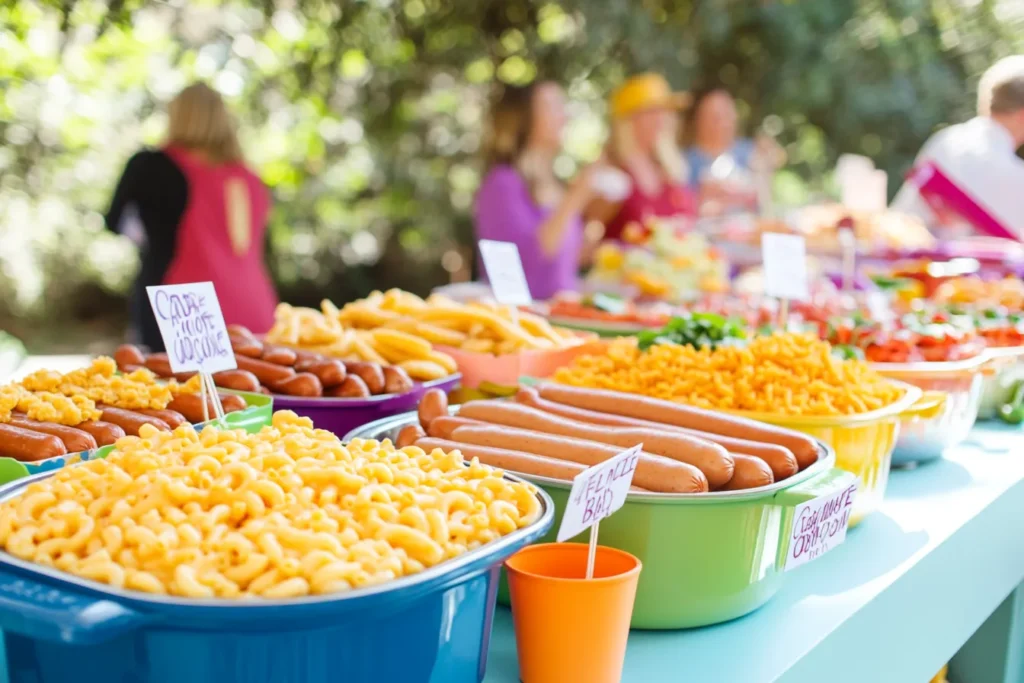 "Mac and cheese hot dog bar setup at a party"