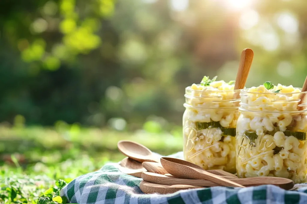 Macaroni salad served in jars for a picnic