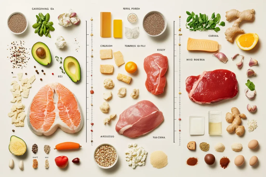 Diagram showing carbs, proteins, and fats with examples.