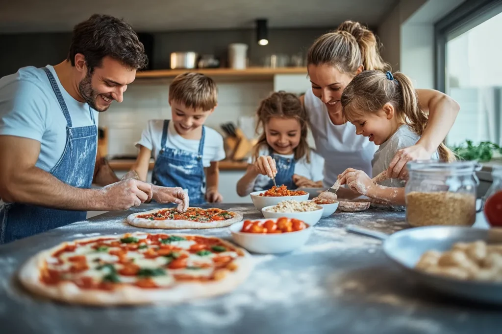 Family making homemade pizza with fresh toppings