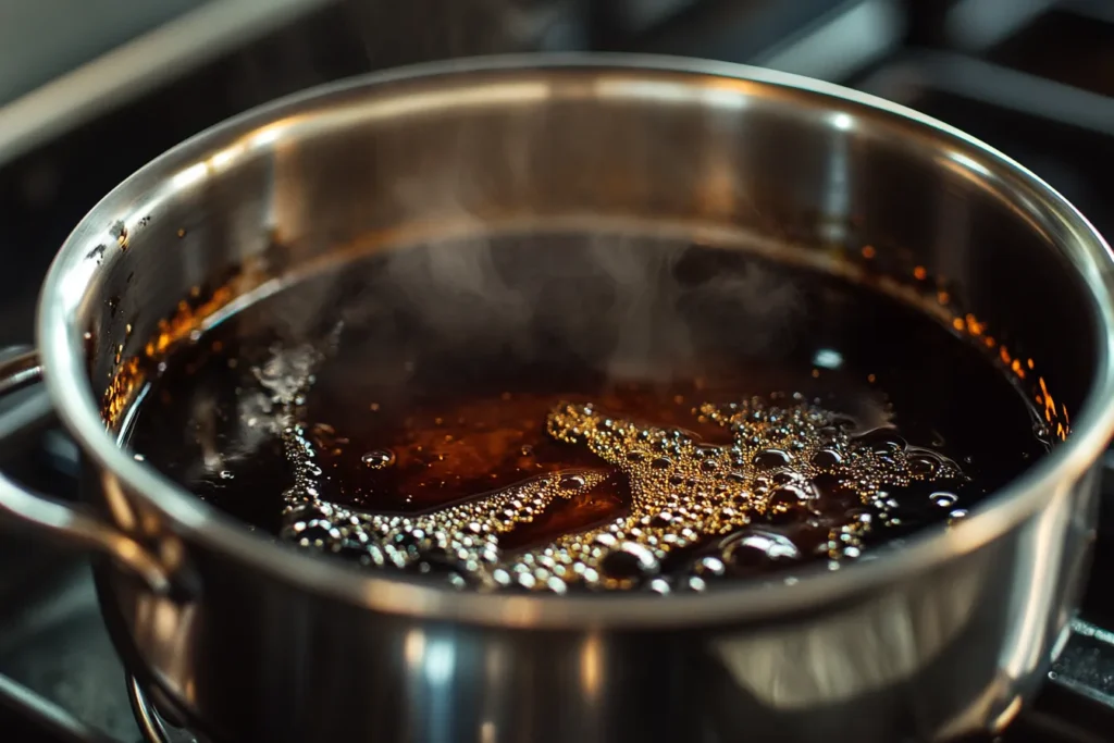 “Homemade balsamic reduction in a saucepan”