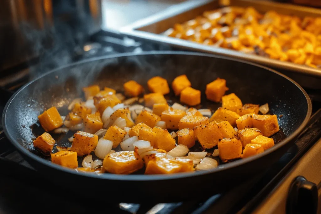 Cooking process of making the sauce in a skillet