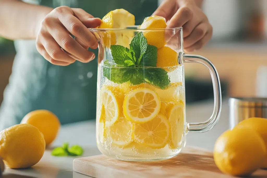 Person squeezing fresh lemons into a pitcher