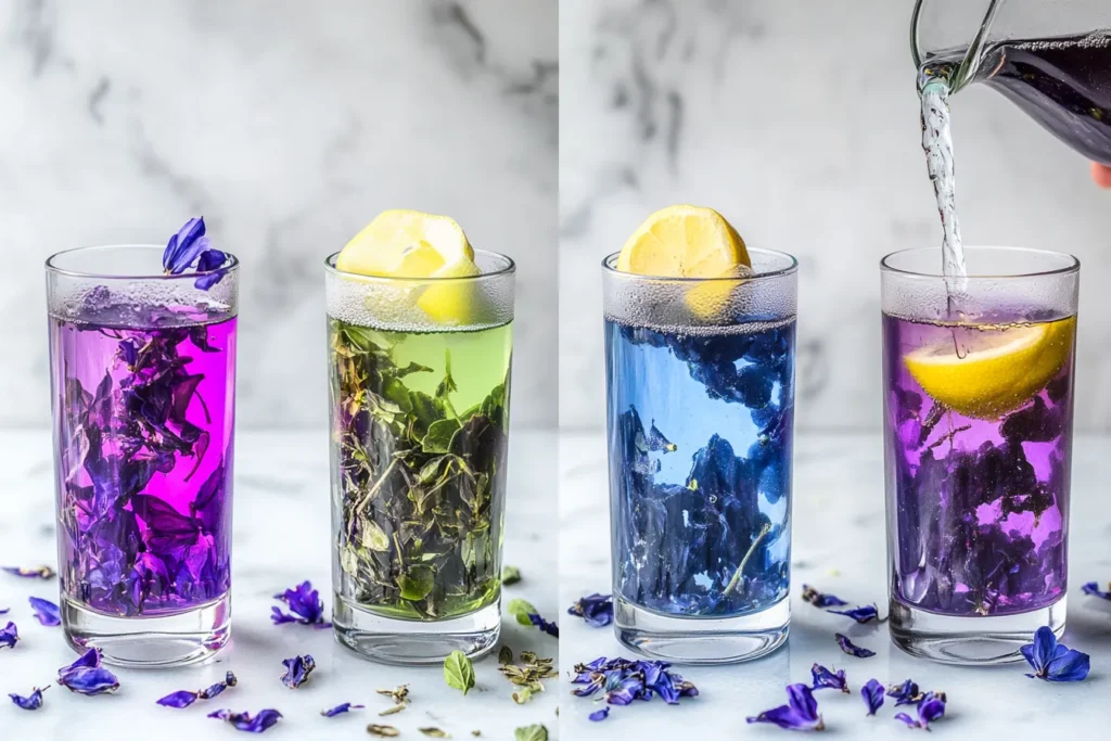 Step-by-step tea preparation with butterfly pea and herbal ingredients