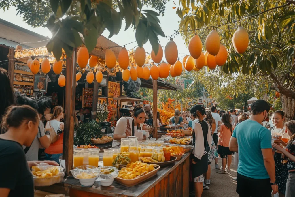 A group of people enjoying a mango-themed food festival