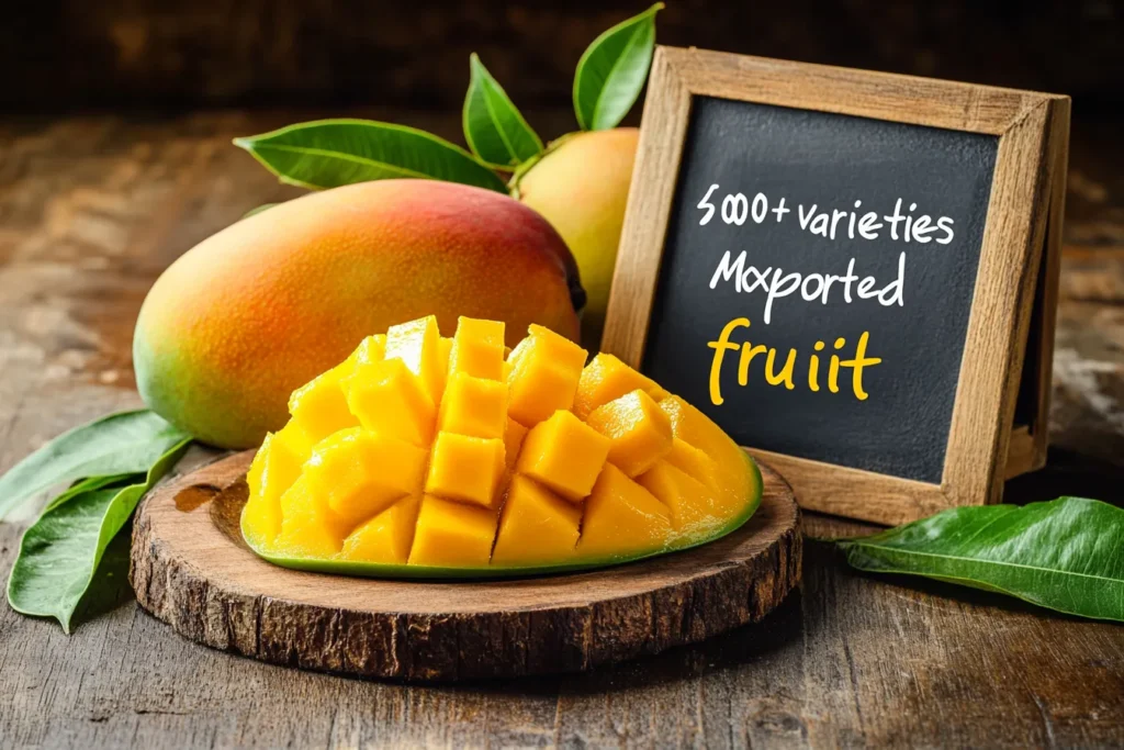 A sliced mango next to a chalkboard with fun facts