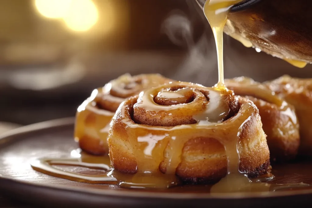 Maple vanilla glaze drizzled on cinnamon rolls