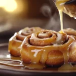 Maple vanilla glaze drizzled on cinnamon rolls