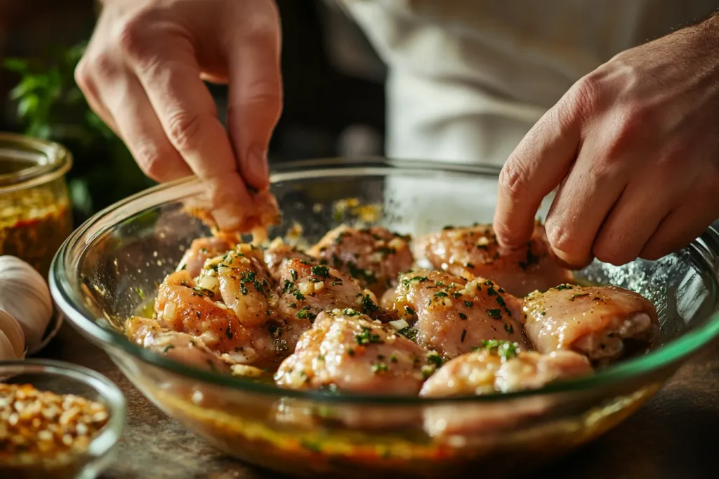 Chef marinating chicken for churrasco