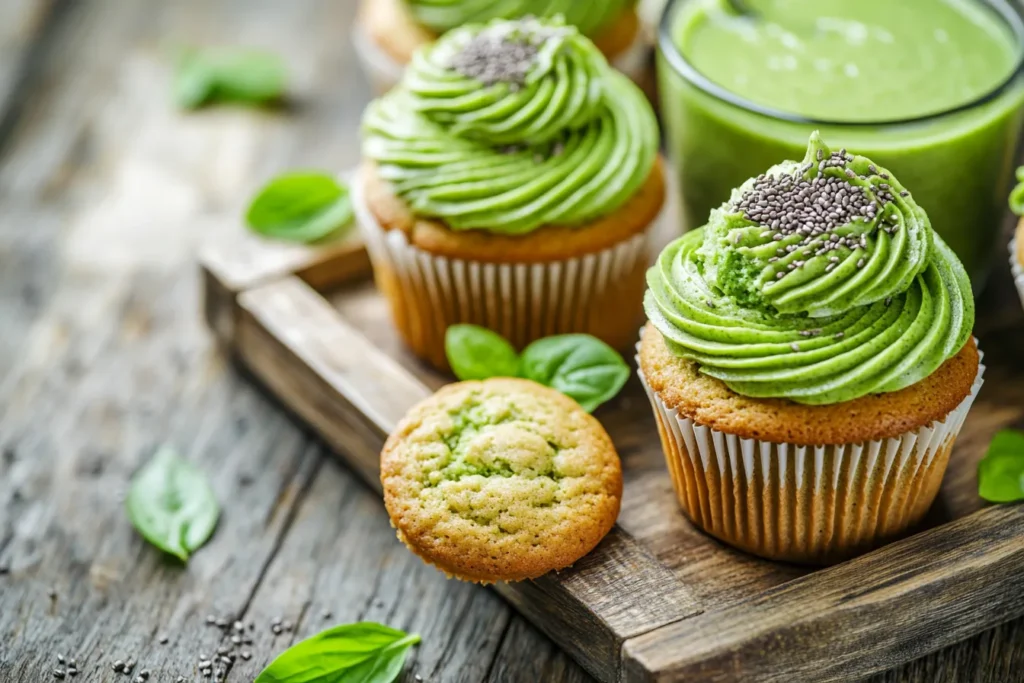 Matcha desserts, smoothies, and cookies displayed on a wooden tray