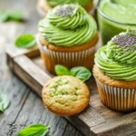 Matcha desserts, smoothies, and cookies displayed on a wooden tray