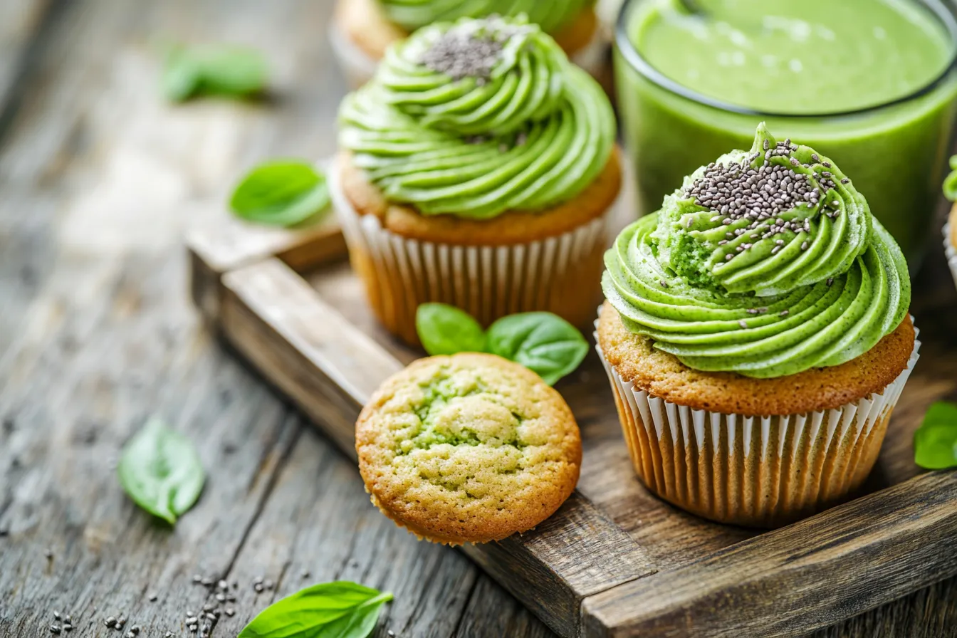 Matcha desserts, smoothies, and cookies displayed on a wooden tray