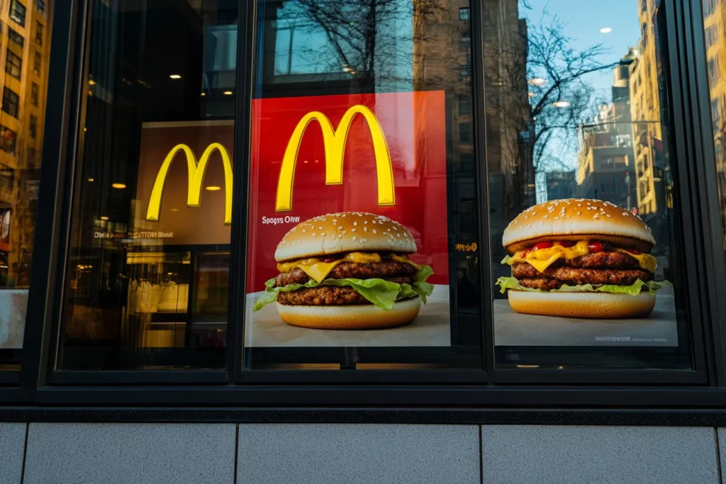 Promotional poster in a McDonald’s window featuring spicy breakfast items