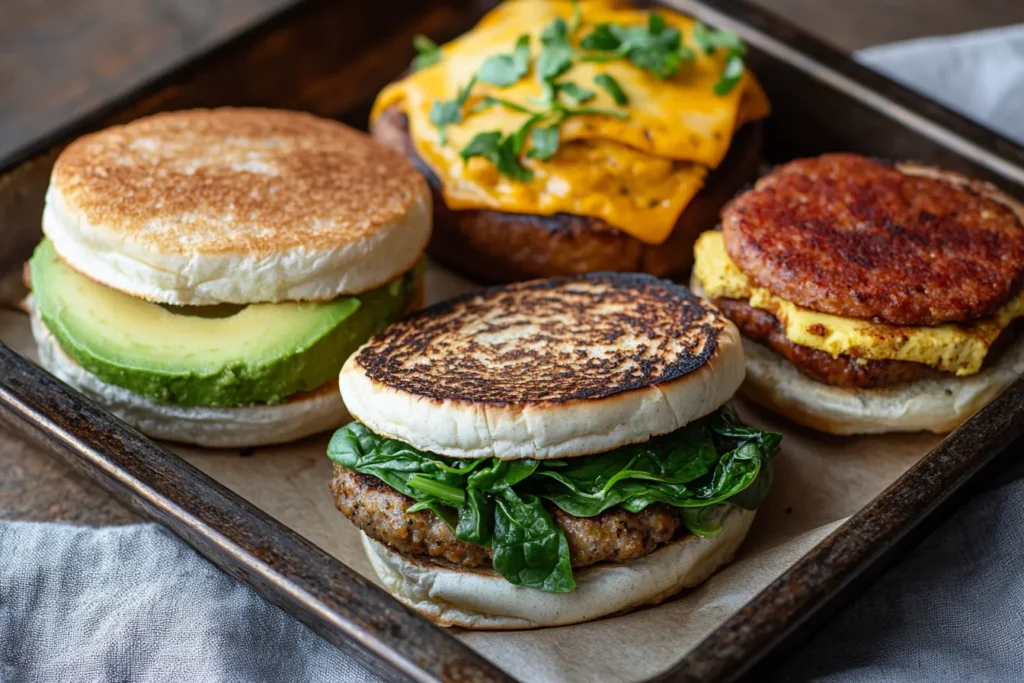 Variations of McMuffins with avocado, spinach, and bacon