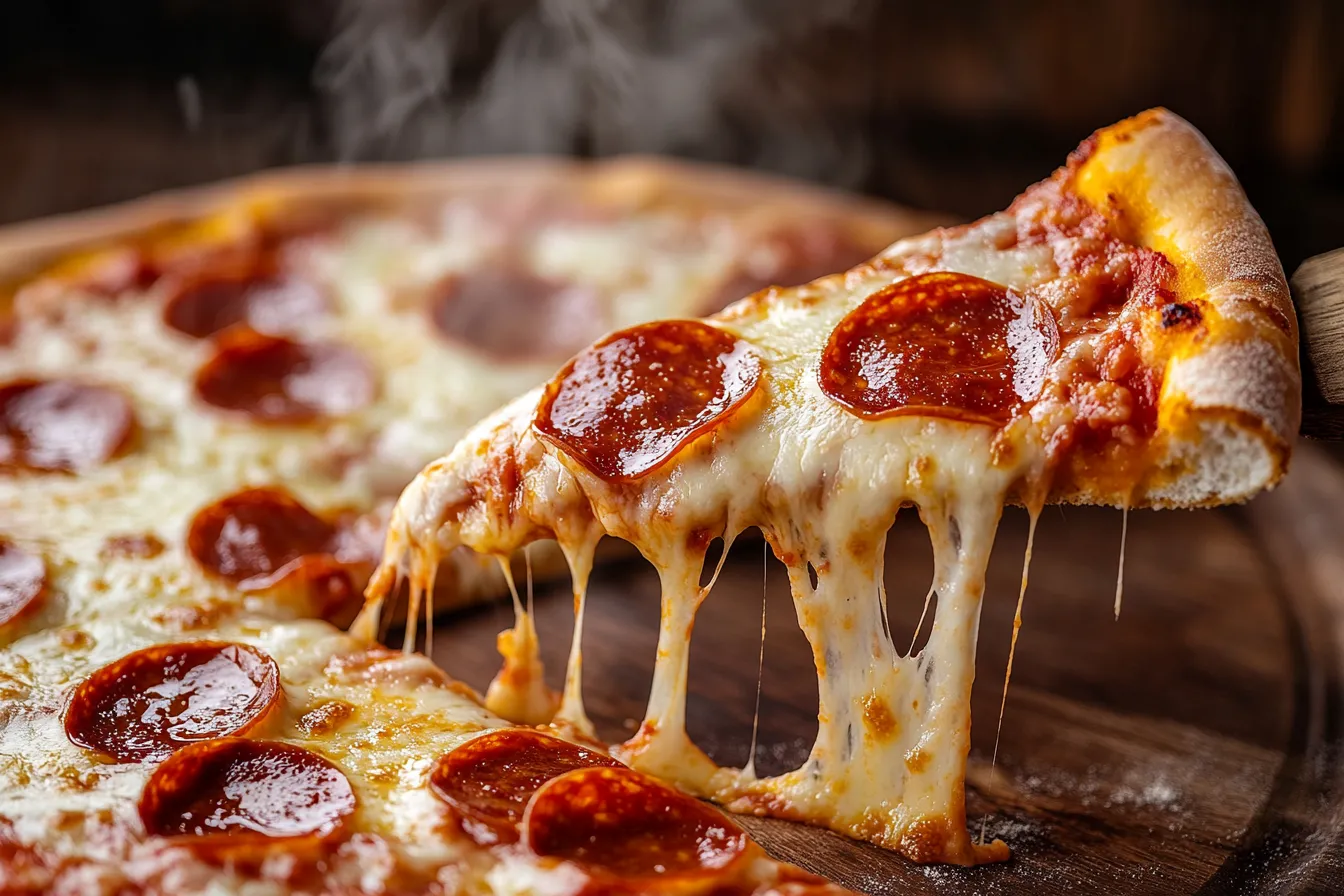 Delicious cheesy pepperoni pizza slice with steam rising