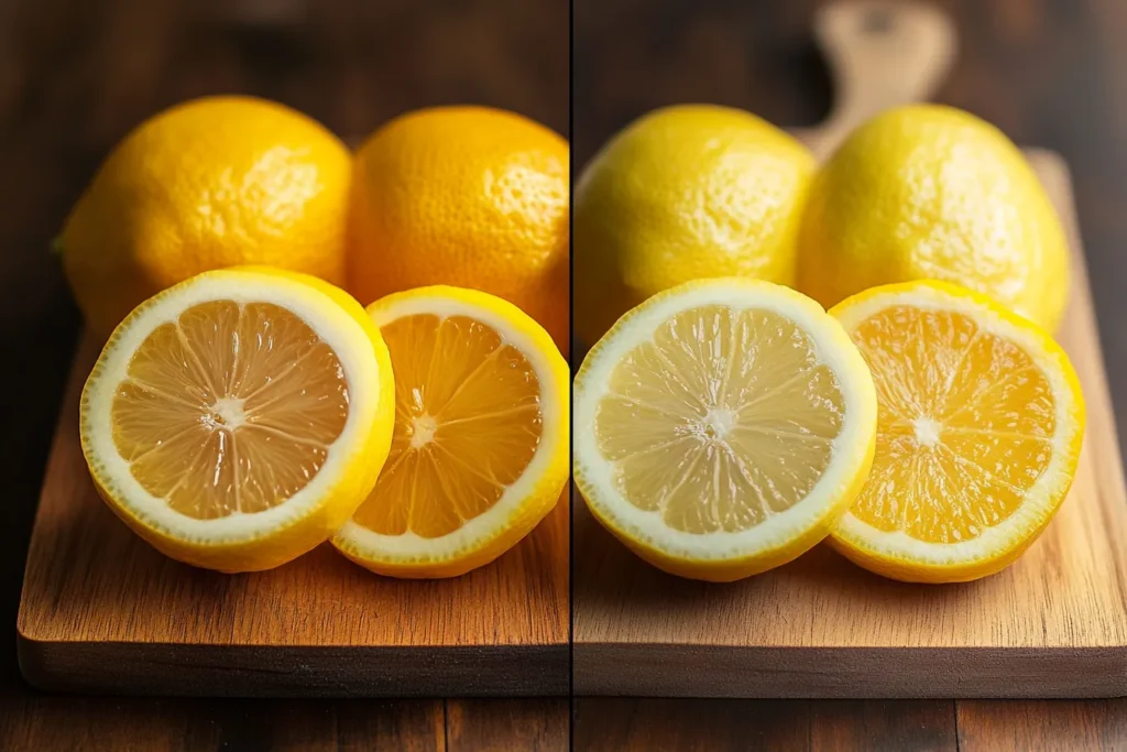 “Meyer lemons and regular lemons side by side on a kitchen counter”