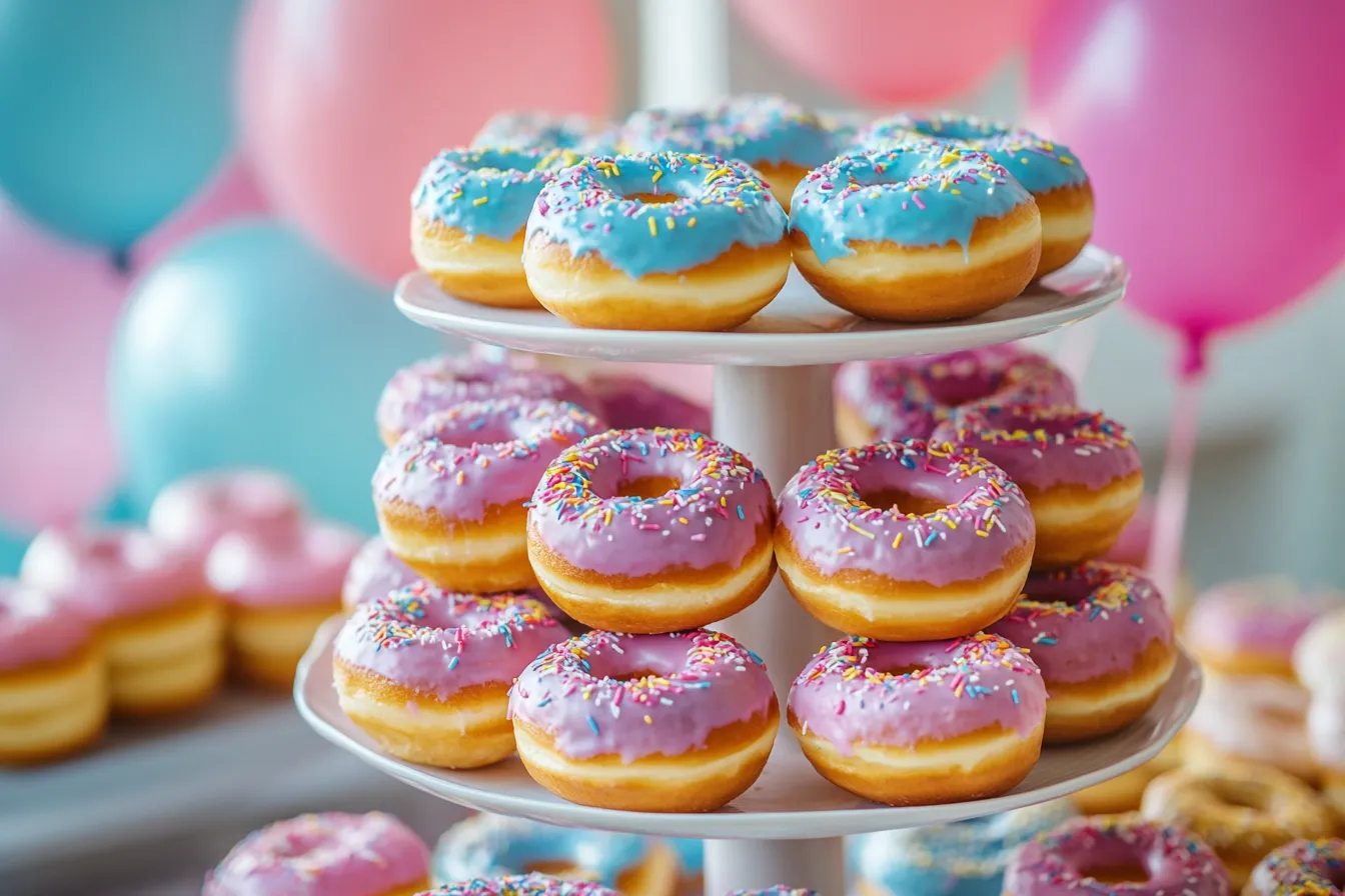 “mini donuts displayed on a party stand”