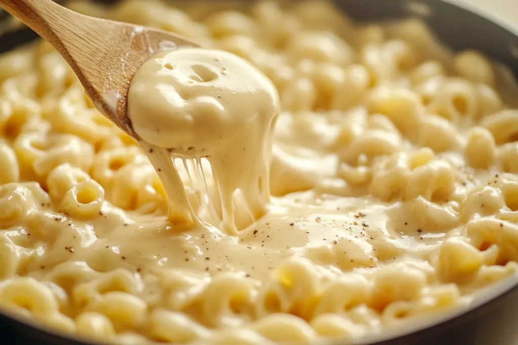 hand mixing cheese sauce into pasta