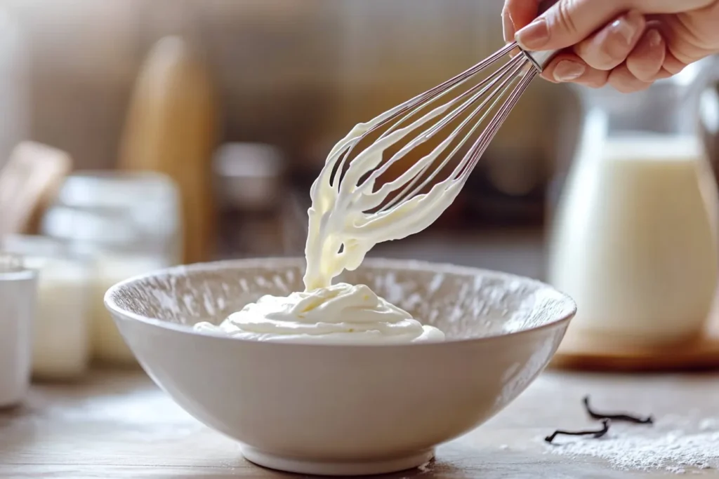 Whisking icing in a white ceramic bowl