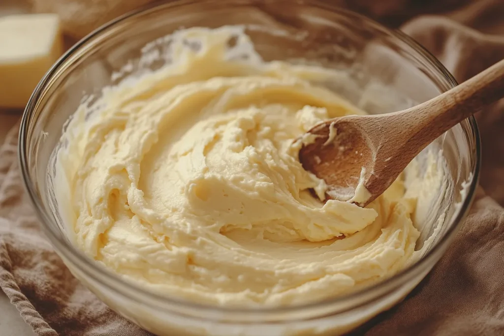 Mixing cheesecake batter with farmer’s cheese and sour cream in a glass bowl