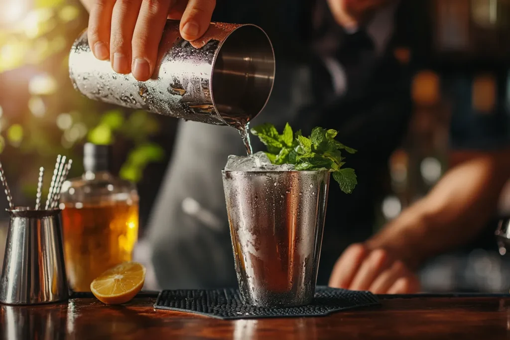 Bartender pouring spirits into a shaker