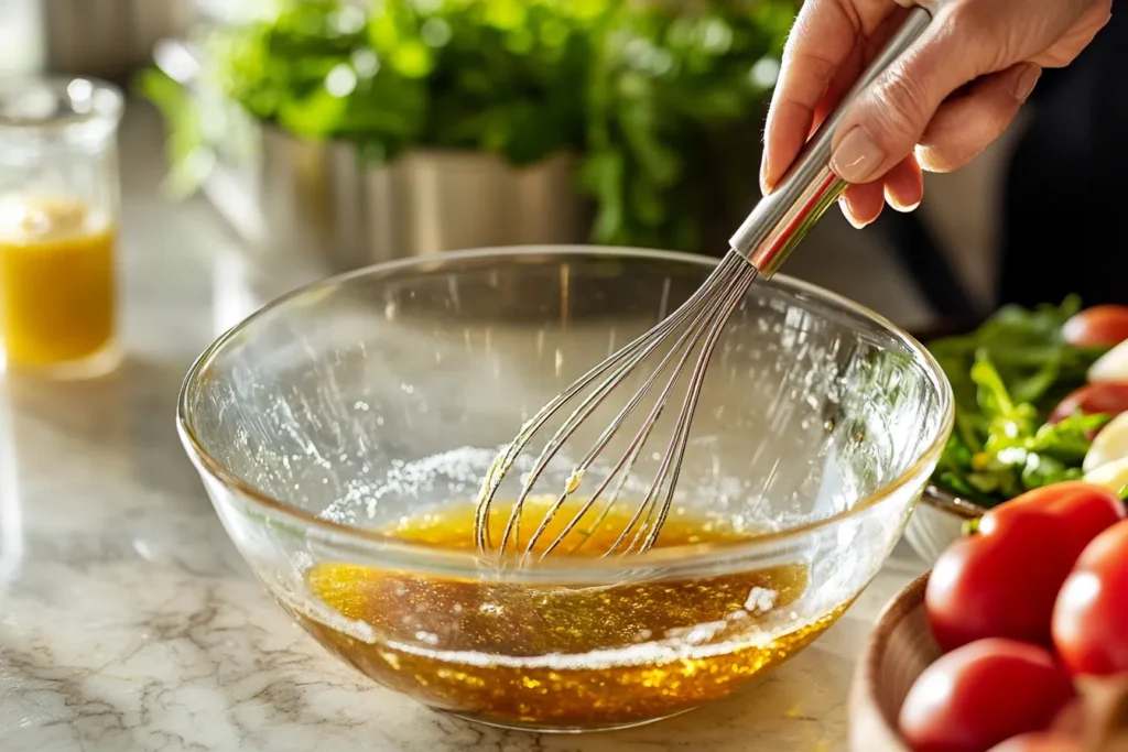 Whisking white balsamic dressing in a bowl