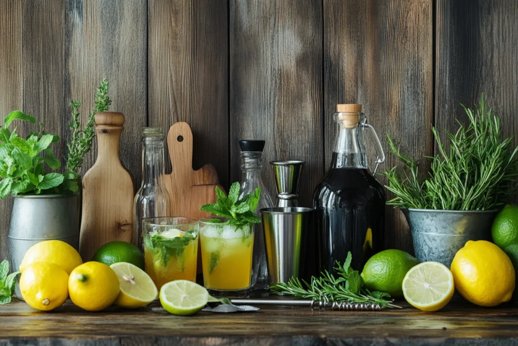 Mocktail recipe ingredients on a rustic counter