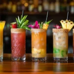 Assorted Mai Tai variations with different garnishes and colors