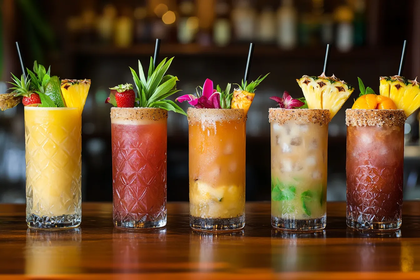 Assorted Mai Tai variations with different garnishes and colors