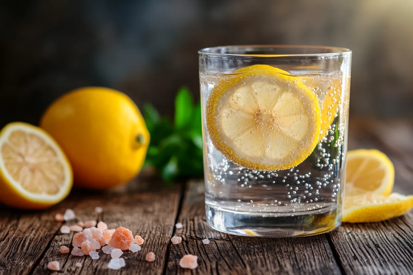 “Glass of pink salt detox water on wooden table”
