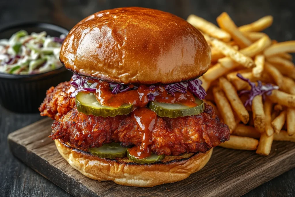 Nashville hot chicken sandwich with pickles and fries