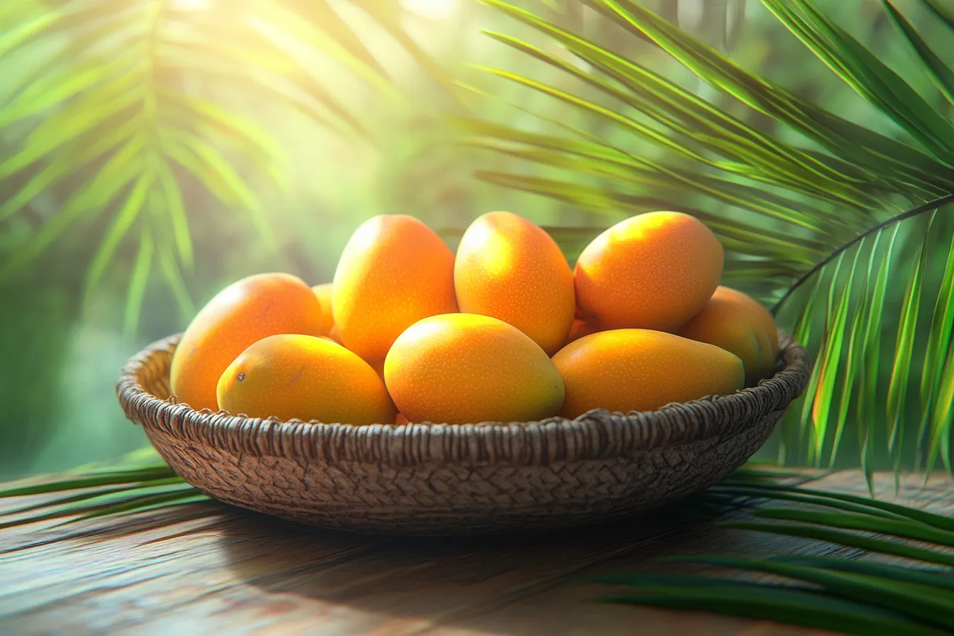 A basket of ripe, juicy mangoes on a tropical wooden table