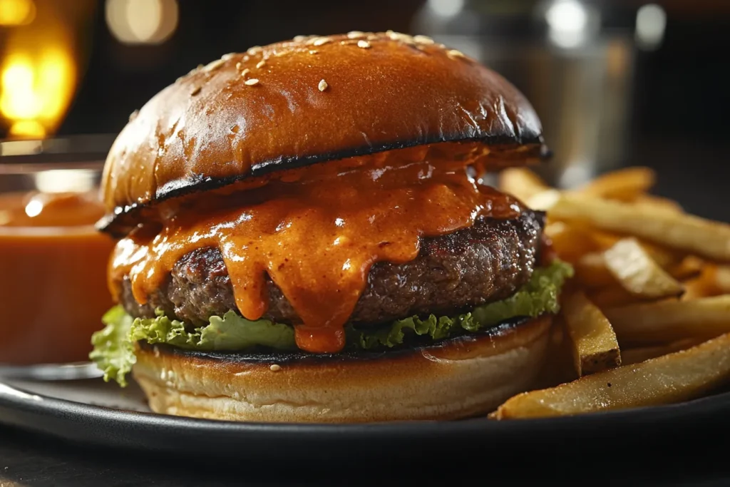“Awesome Sauce on a burger with fries”