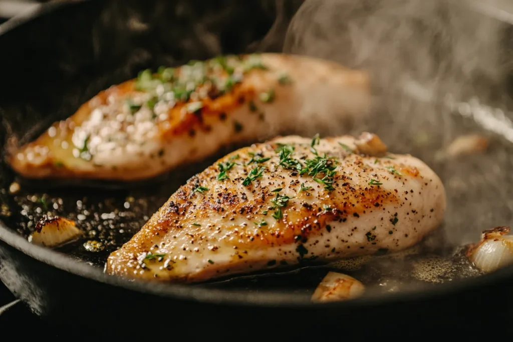 Chicken breast being pan-seared on a skillet