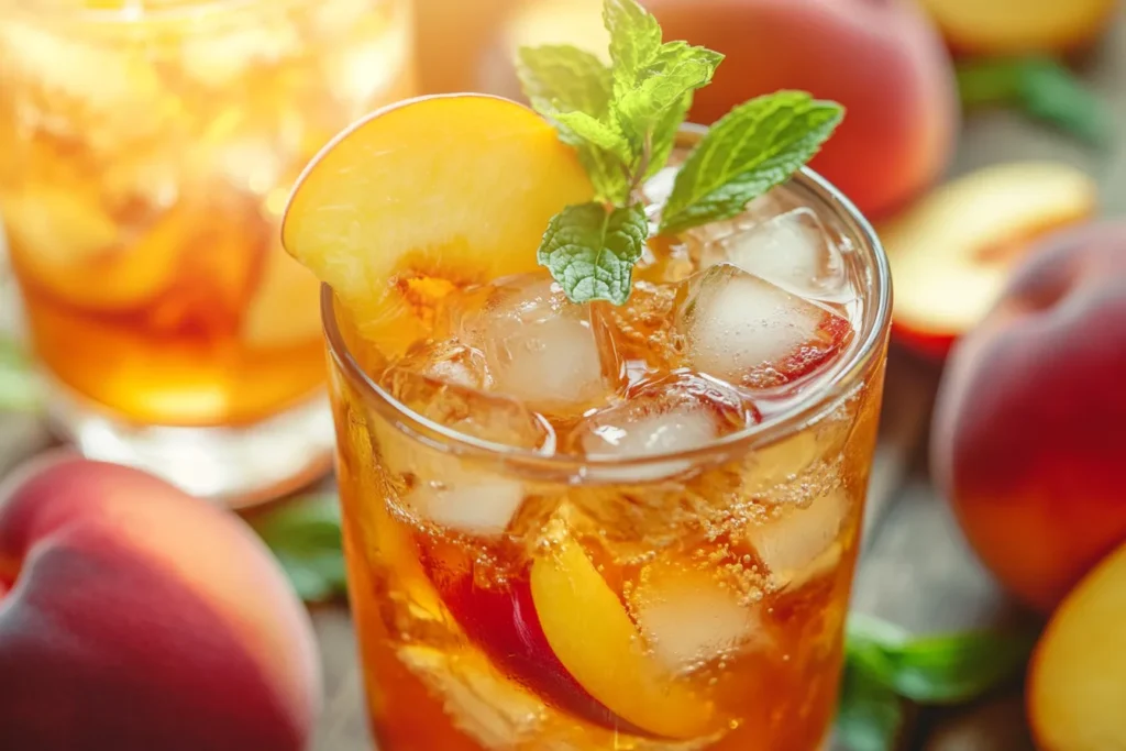 “Peach iced tea with fresh peaches”